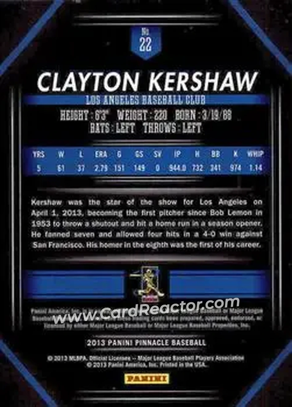 2013 Pinnacle #22 - Clayton Kershaw - Los Angeles Dodgers - Back