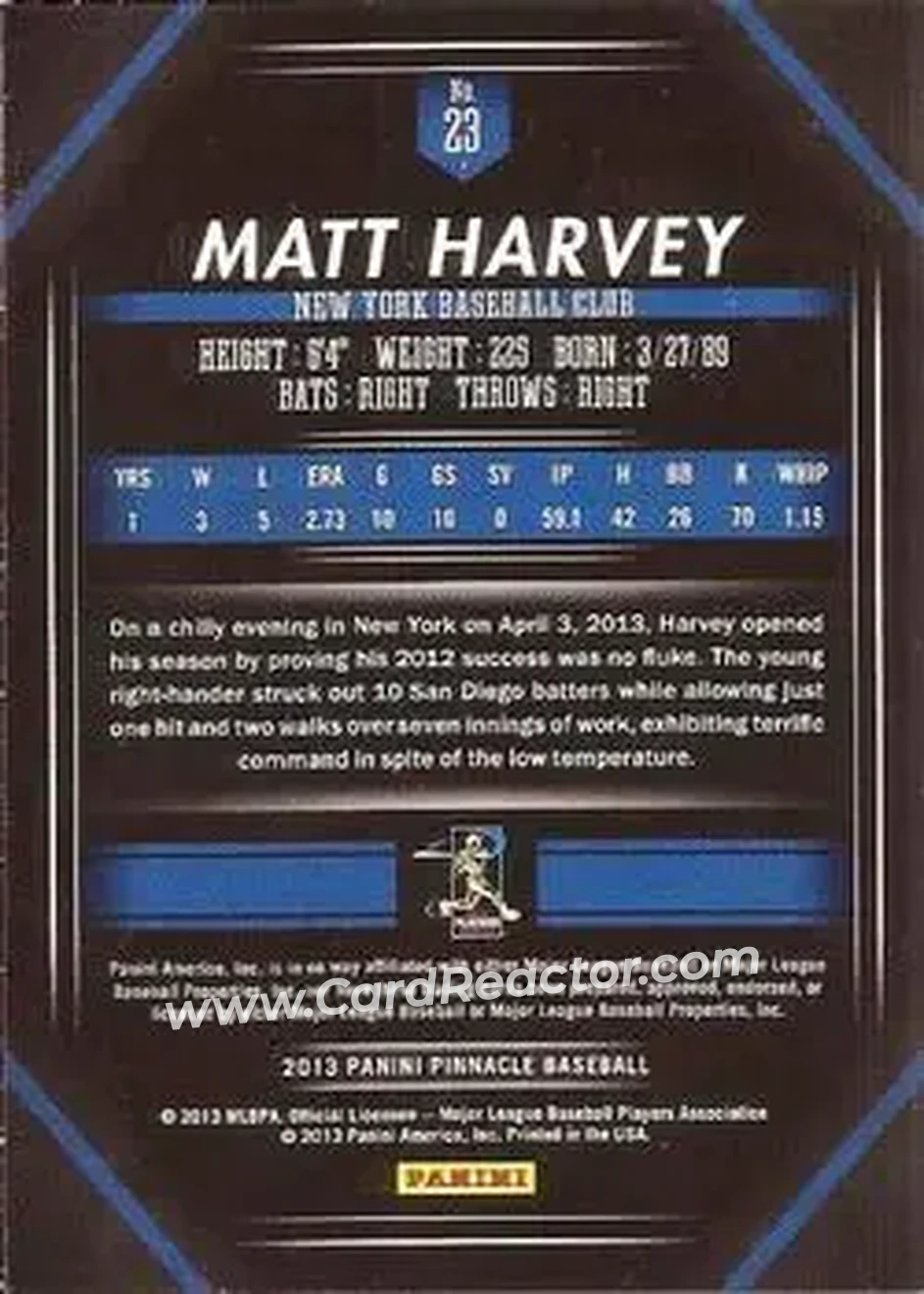 2013 Pinnacle #23 - Matt Harvey - New York Mets - Back