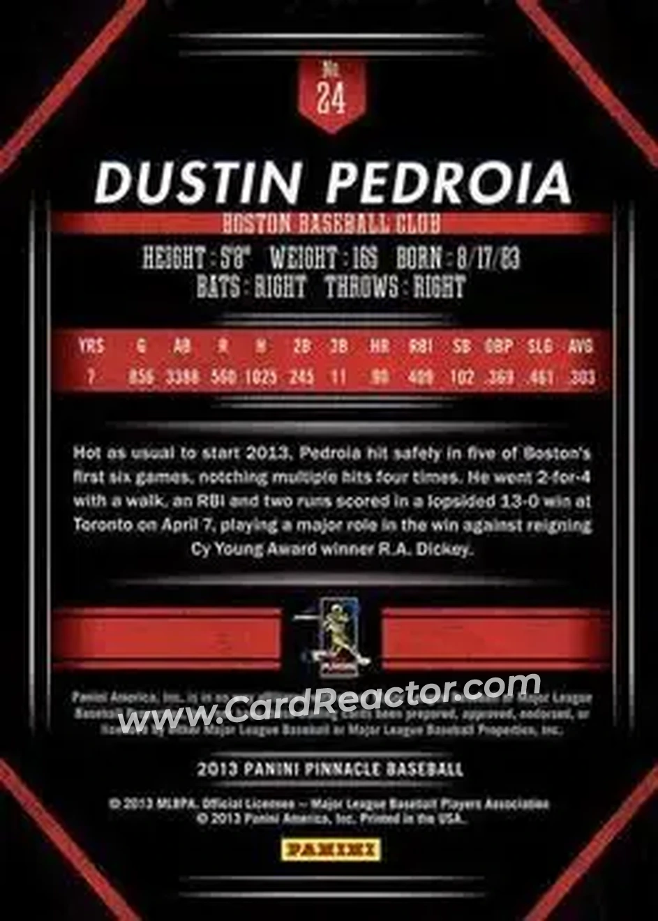 2013 Pinnacle #24 - Dustin Pedroia - Boston Red Sox - Back