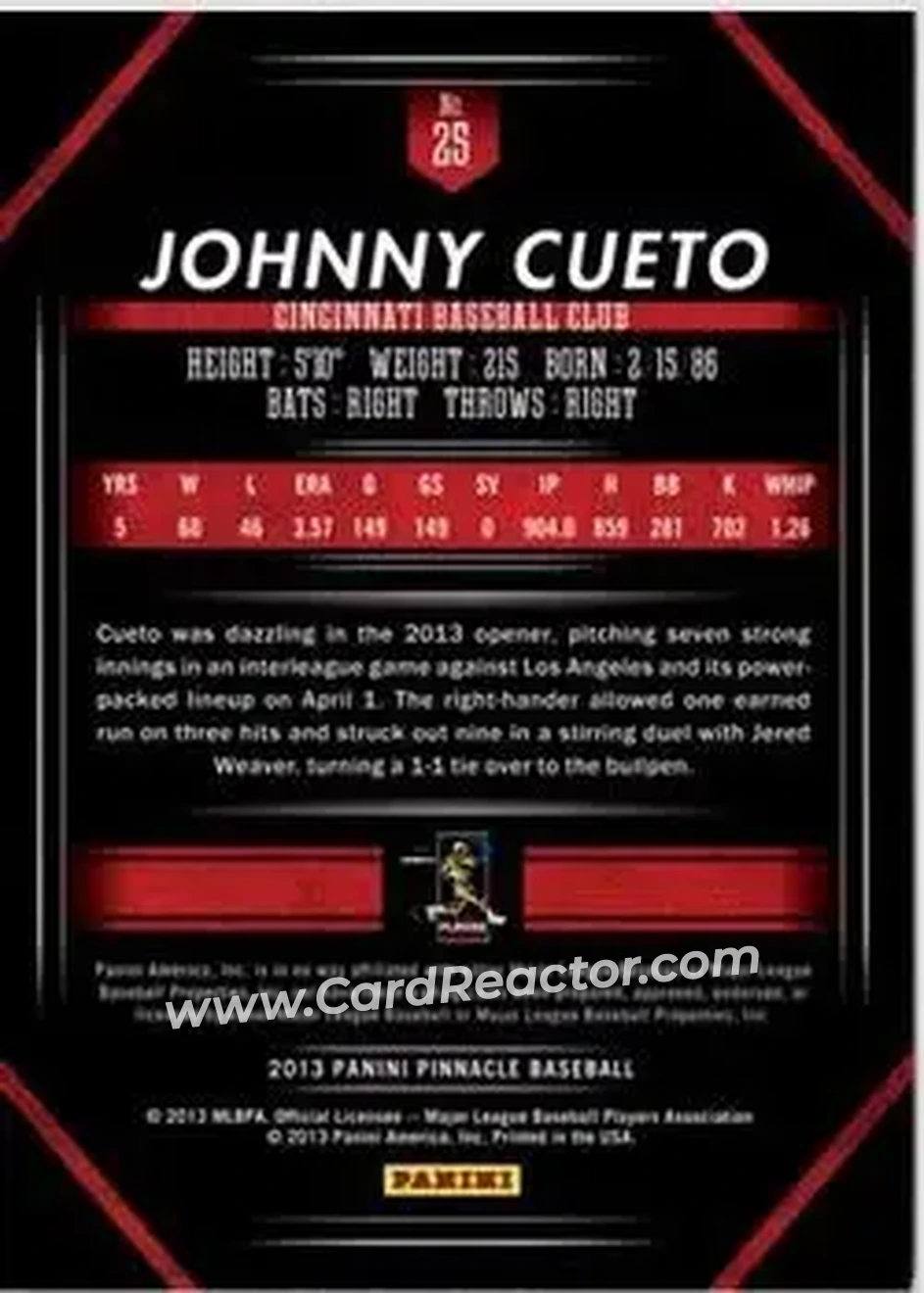 2013 Pinnacle #25 - Johnny Cueto - Cincinnati Reds - Back