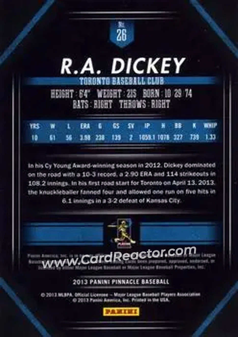 2013 Pinnacle #26 - R.A. Dickey - Toronto Blue Jays - Back