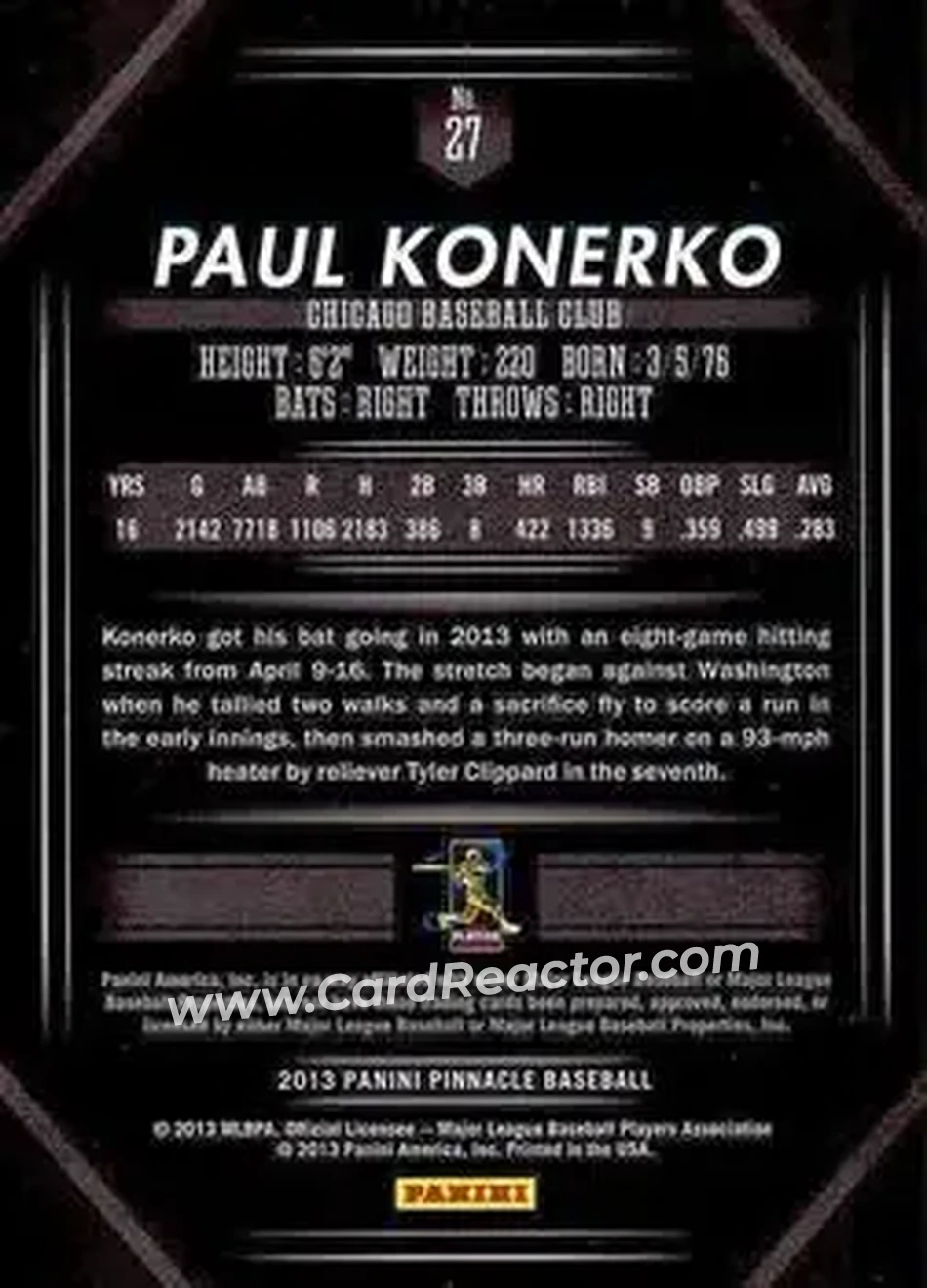 2013 Pinnacle #27 - Paul Konerko - Chicago White Sox - Back