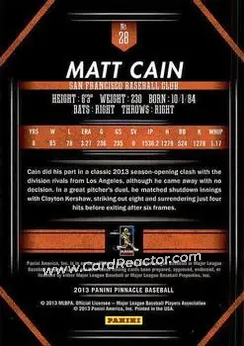2013 Pinnacle #28 - Matt Cain - San Francisco Giants - Back 2013 Pinnacle #28 - Matt Cain - San Francisco Giants - Back