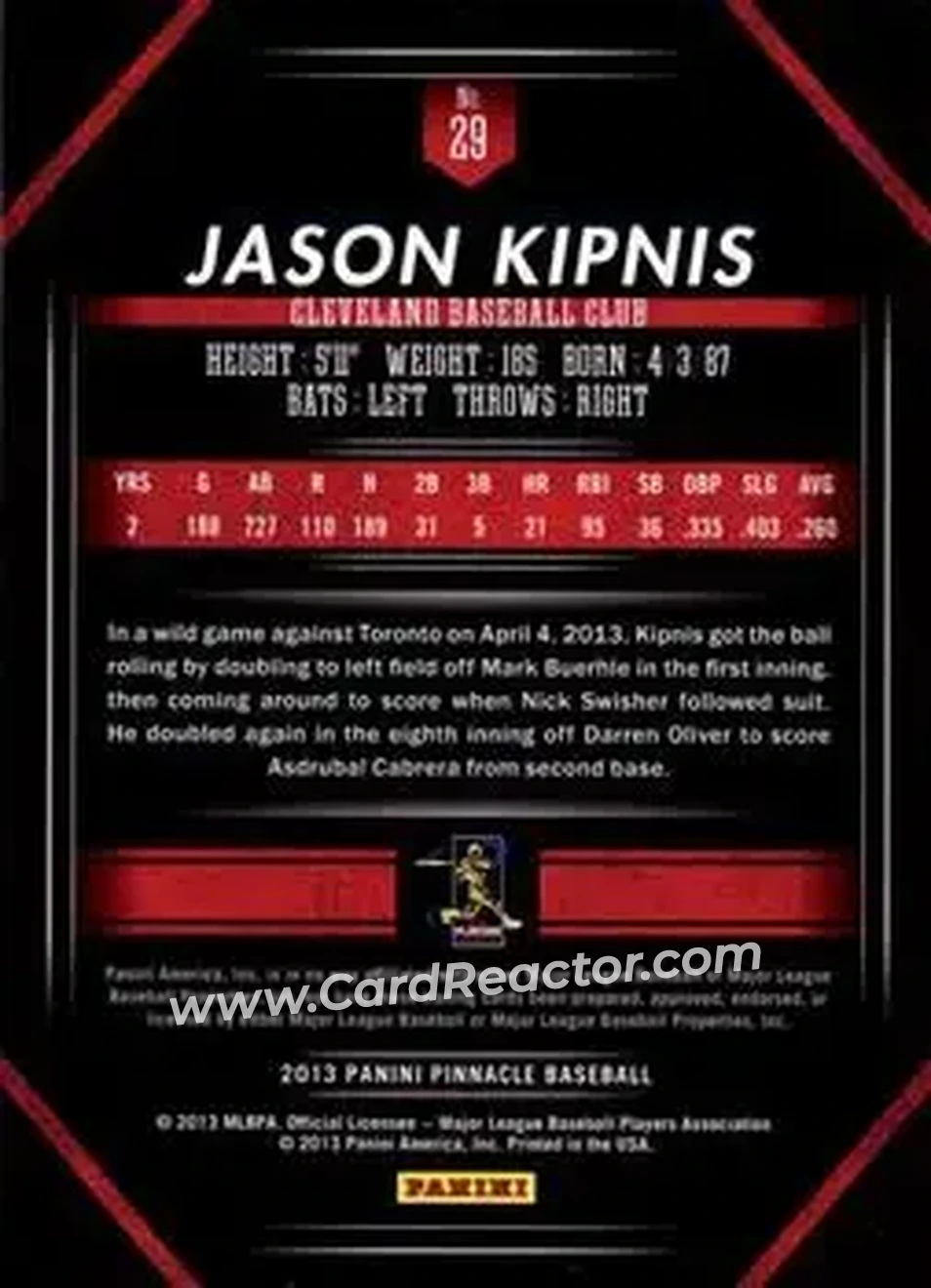 2013 Pinnacle #29 - Jason Kipnis - Cleveland Indians - Back