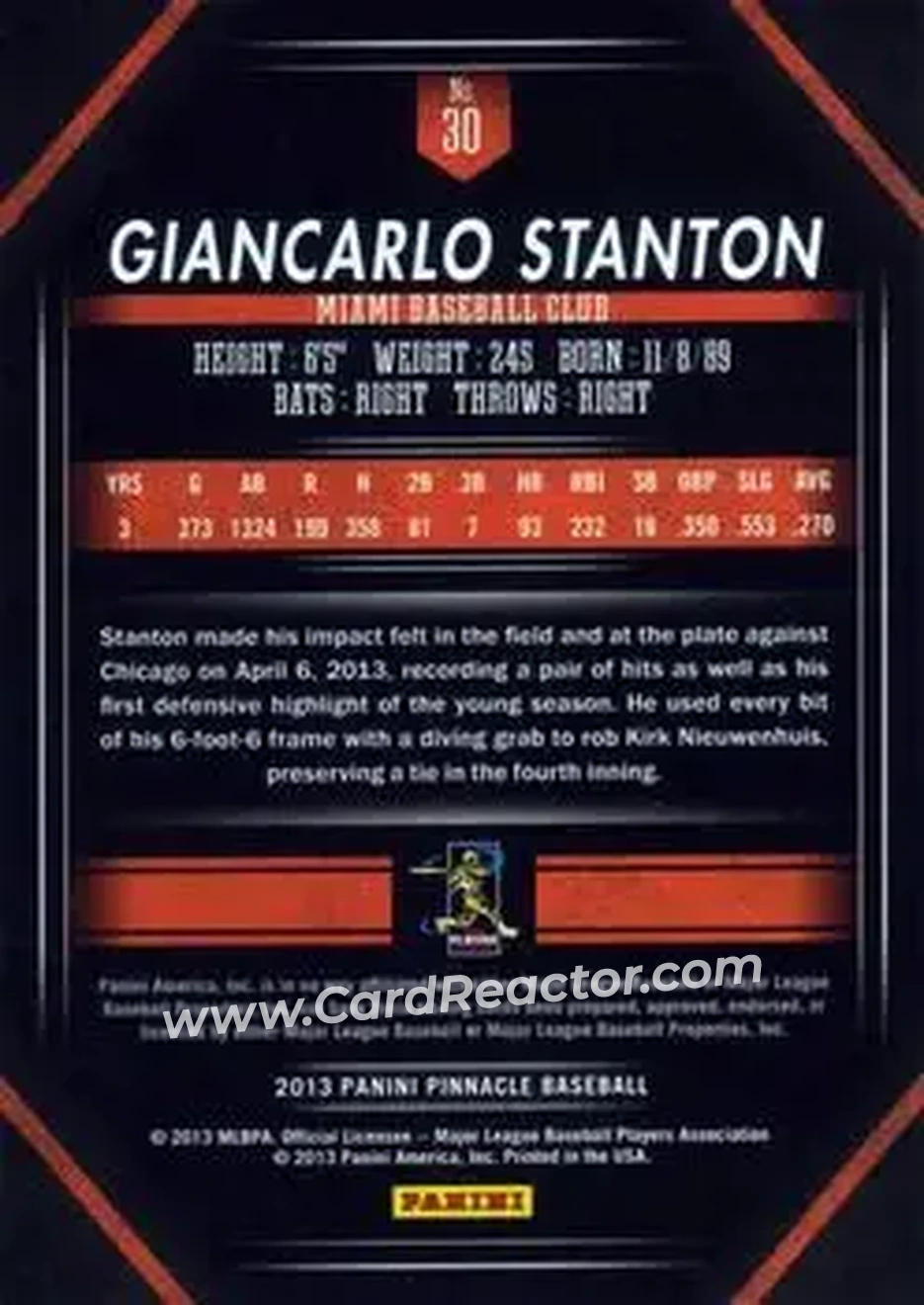 2013 Pinnacle #30 - Giancarlo Stanton - Miami Marlins - Back