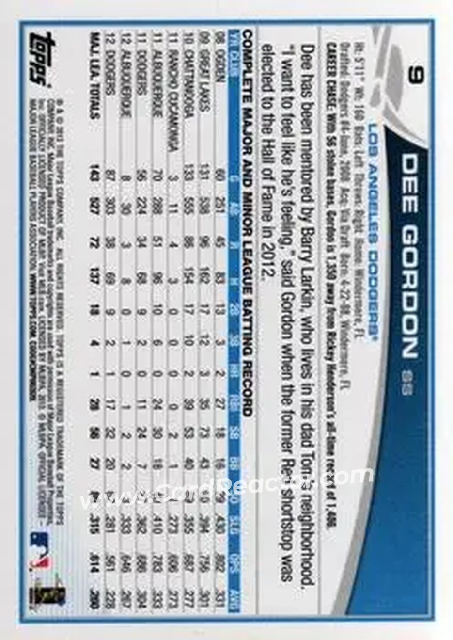 2013 Topps #9 - Dee Gordon - Los Angeles Dodgers - Back
