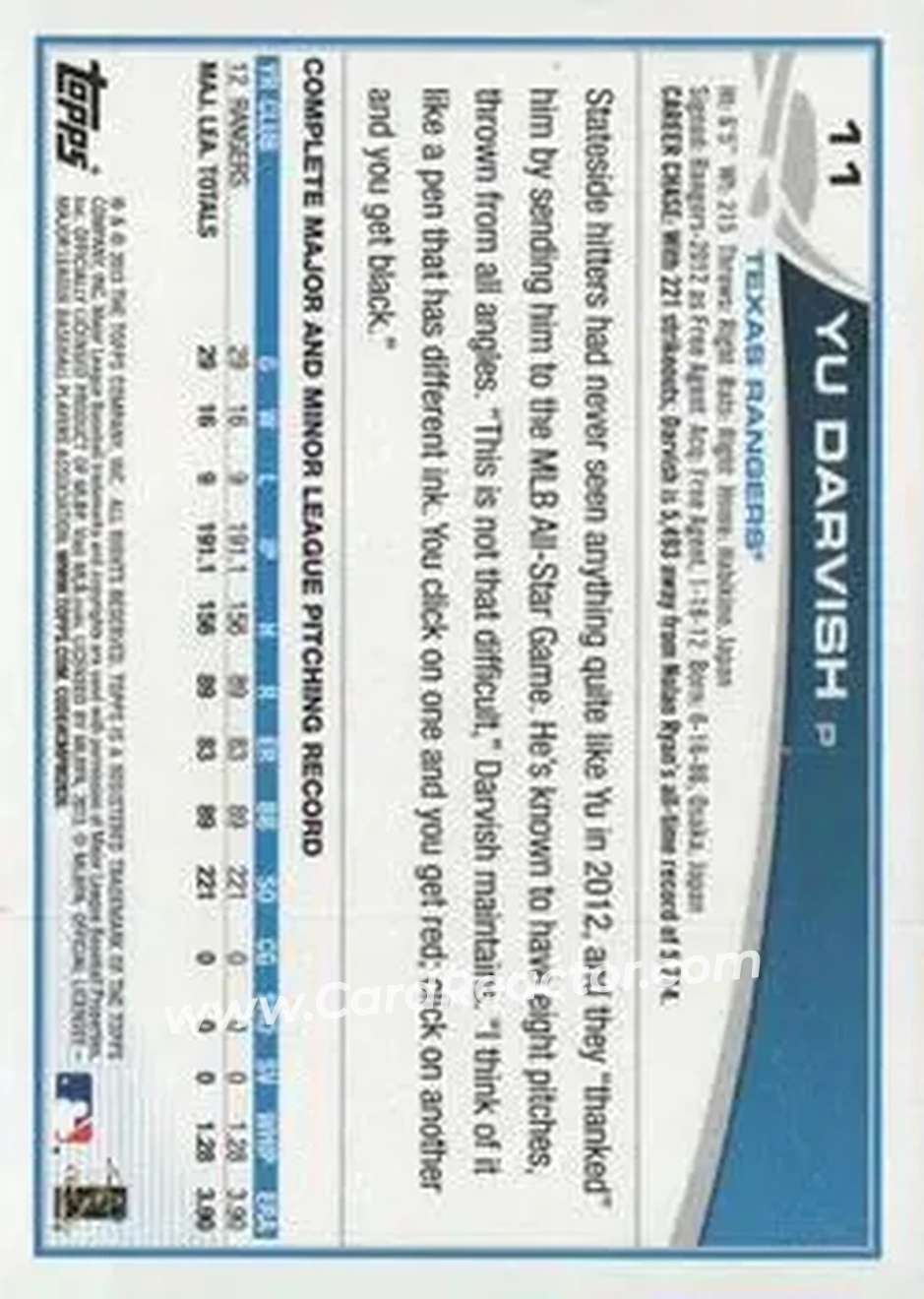 2013 Topps #11 - Yu Darvish - Texas Rangers - Back