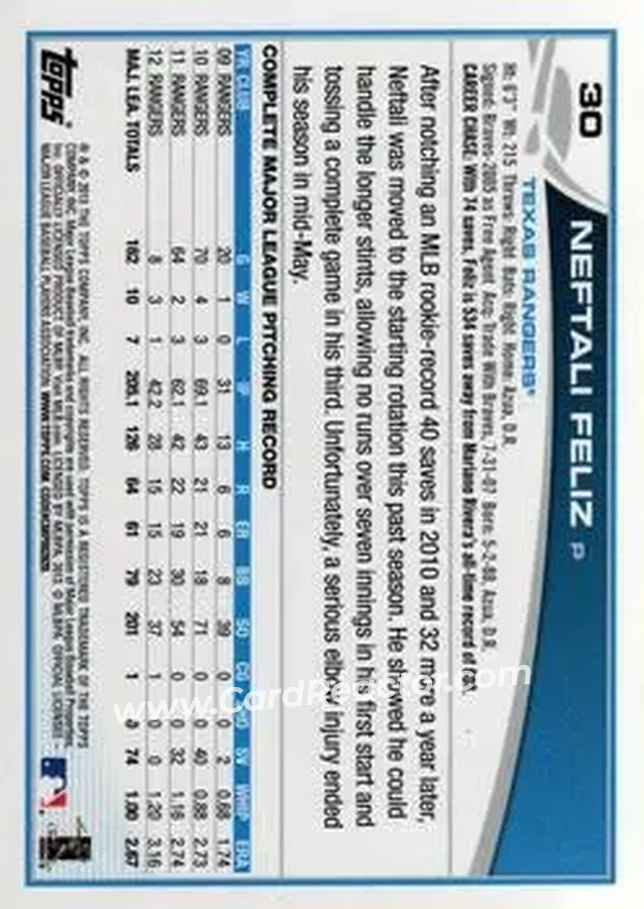 2013 Topps #30 - Neftali Feliz - Texas Rangers - Back