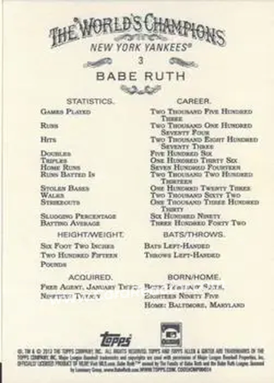 2013 Topps Allen & Ginter #3 - Babe Ruth - New York Yankees - Back