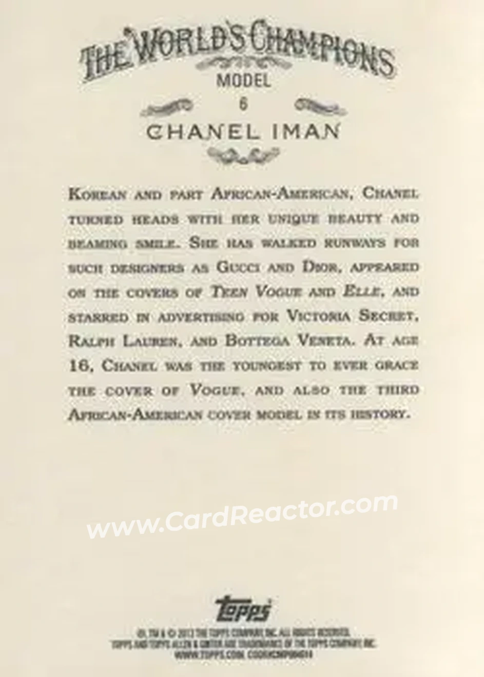 2013 Topps Allen & Ginter #6 - Chanel Iman - Back