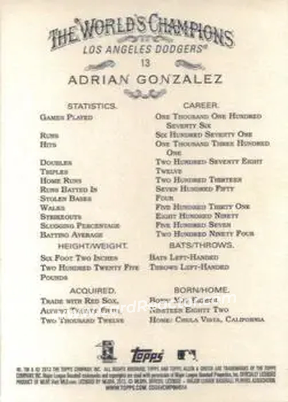 2013 Topps Allen & Ginter #13 - Adrian Gonzalez - Los Angeles Dodgers - Back