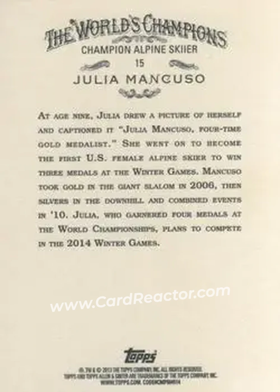 2013 Topps Allen & Ginter #15 - Julia Mancuso - Back