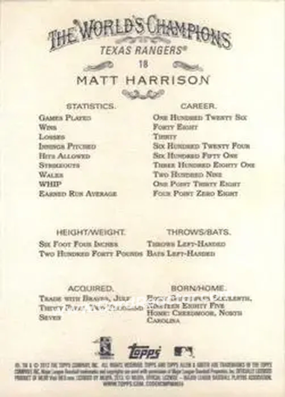 2013 Topps Allen & Ginter #18 - Matt Harrison - Texas Rangers - Back