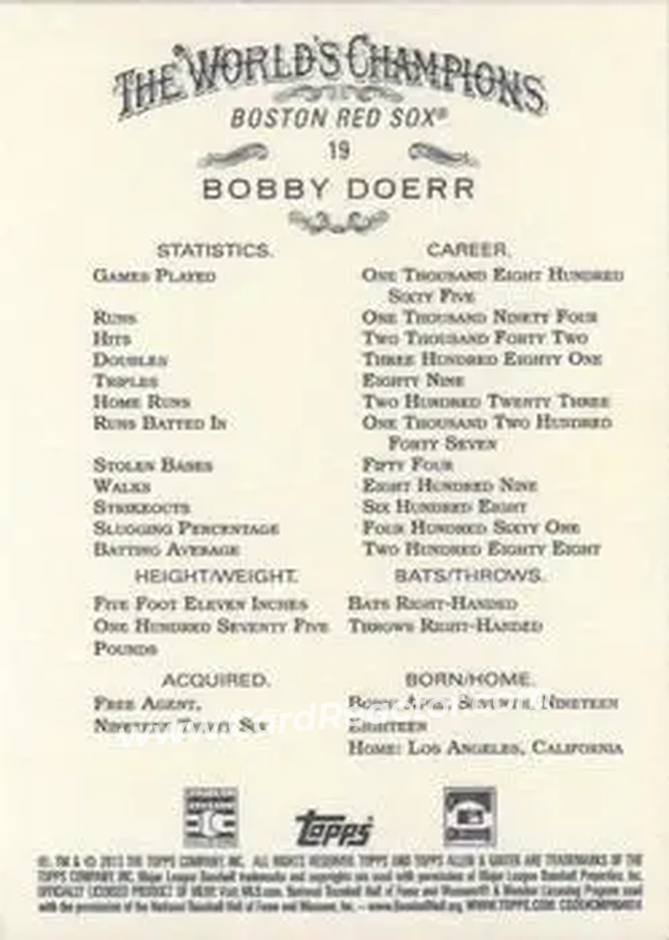2013 Topps Allen & Ginter #19 - Bobby Doerr - Boston Red Sox - Back