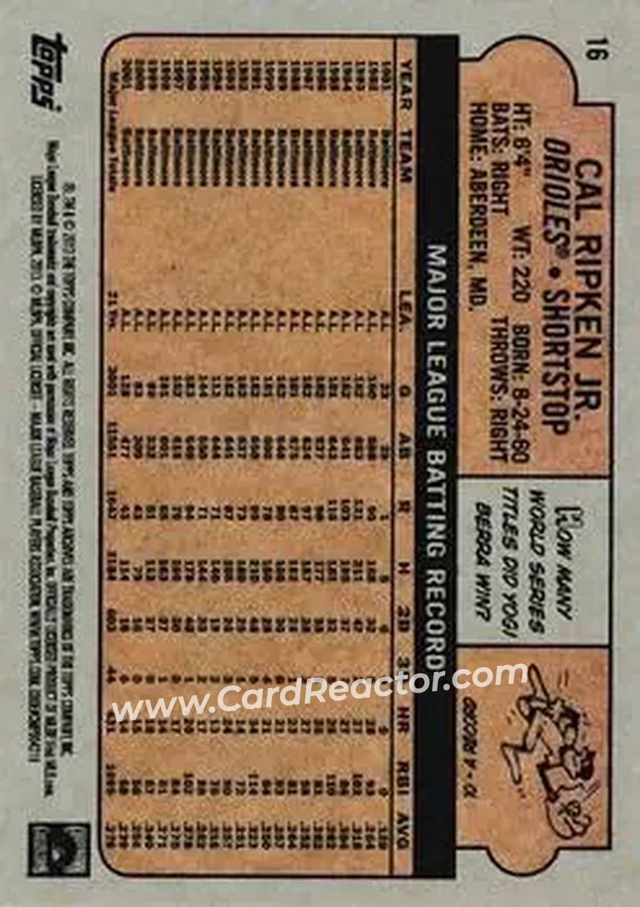2013 Topps Archives #16 - Cal Ripken - Baltimore Orioles - Back