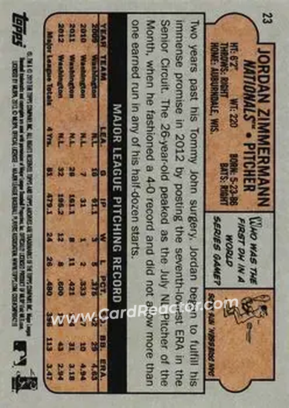 2013 Topps Archives #23 - Jordan Zimmermann - Washington Nationals - Back