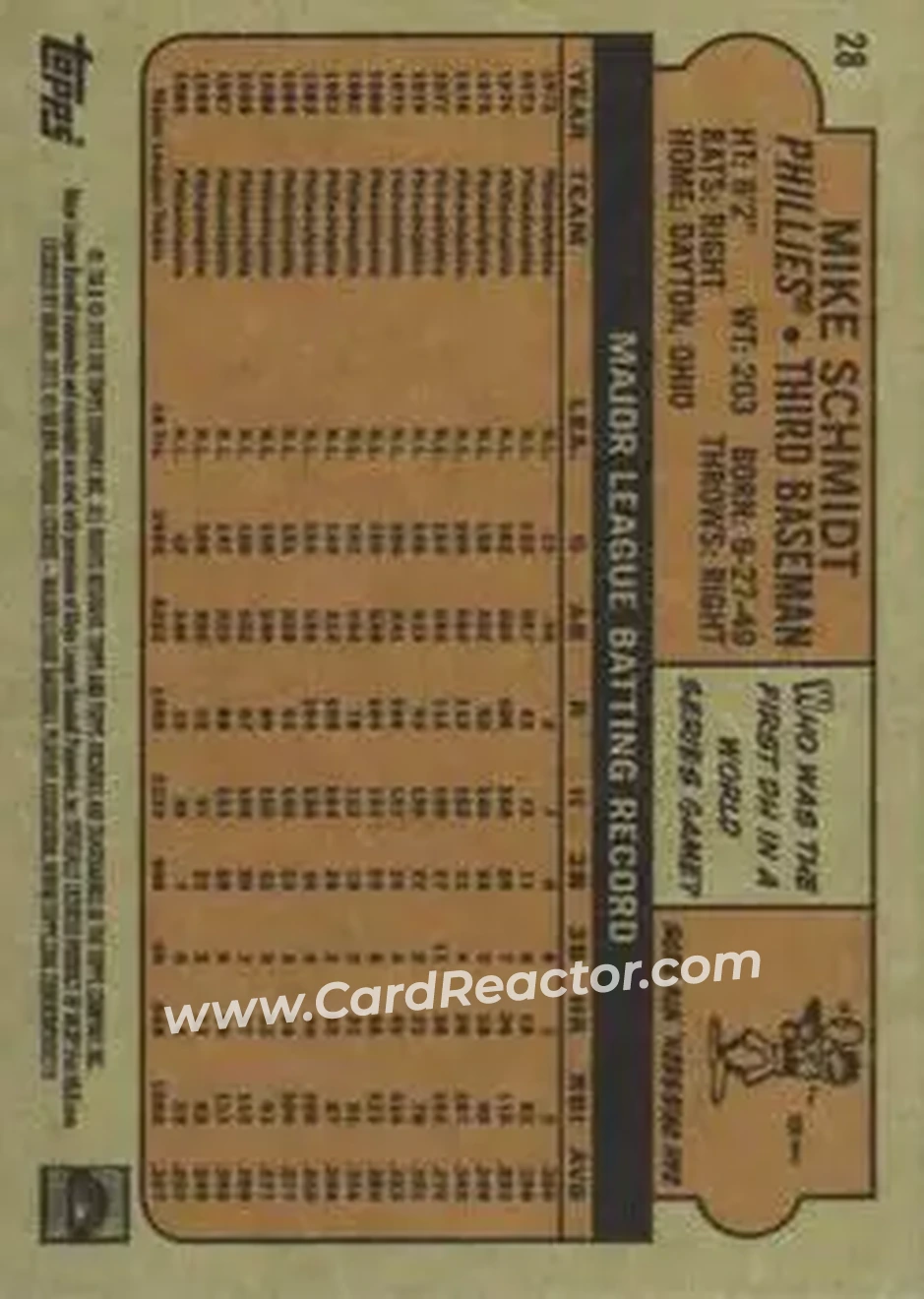 2013 Topps Archives #28 - Mike Schmidt - Philadelphia Phillies - Back
