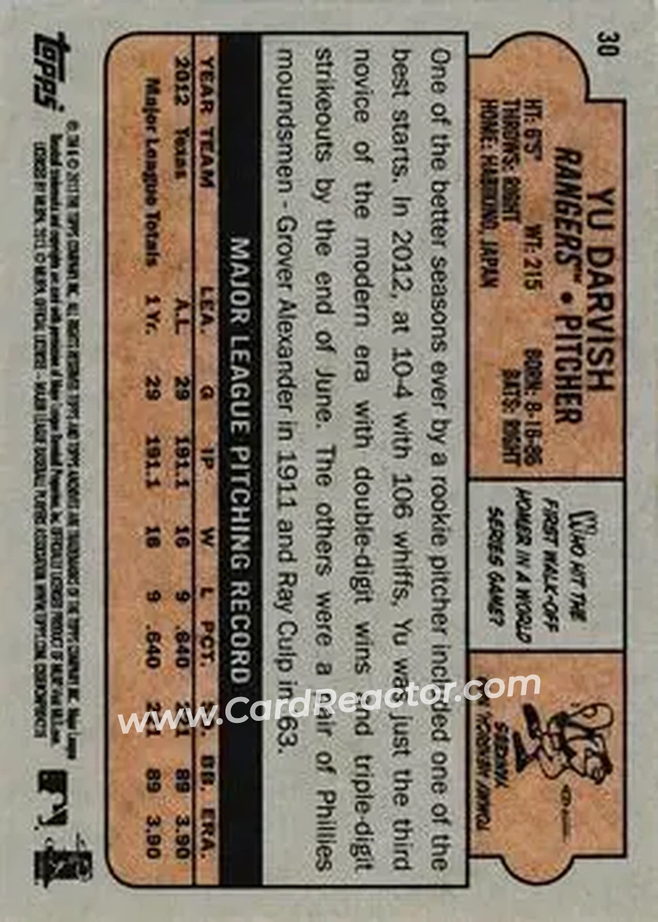 2013 Topps Archives #30 - Yu Darvish - Texas Rangers - Back