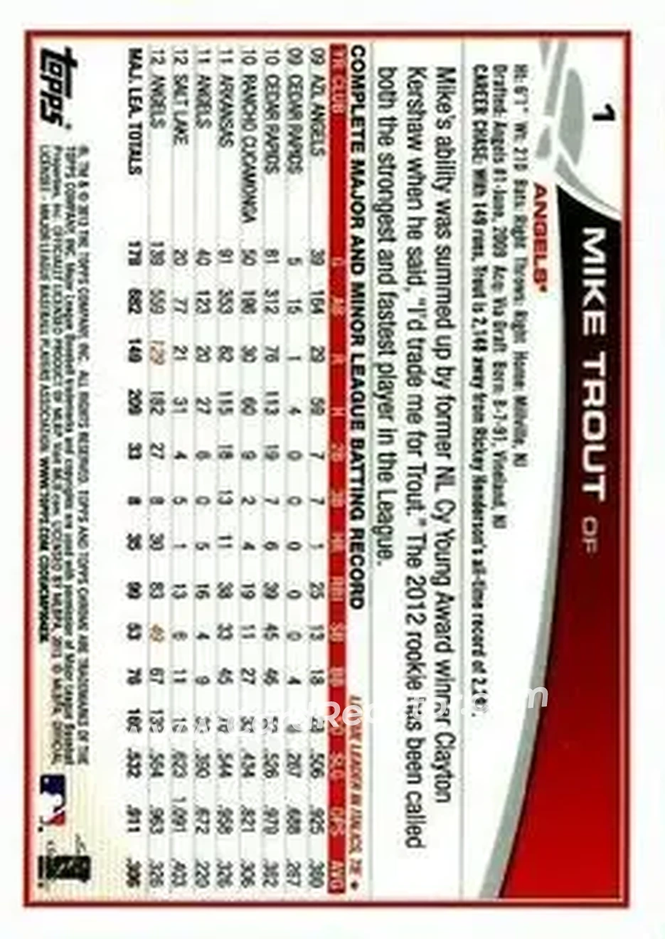 2013 Topps Chrome #1b - Mike Trout - Los Angeles Angels - Back