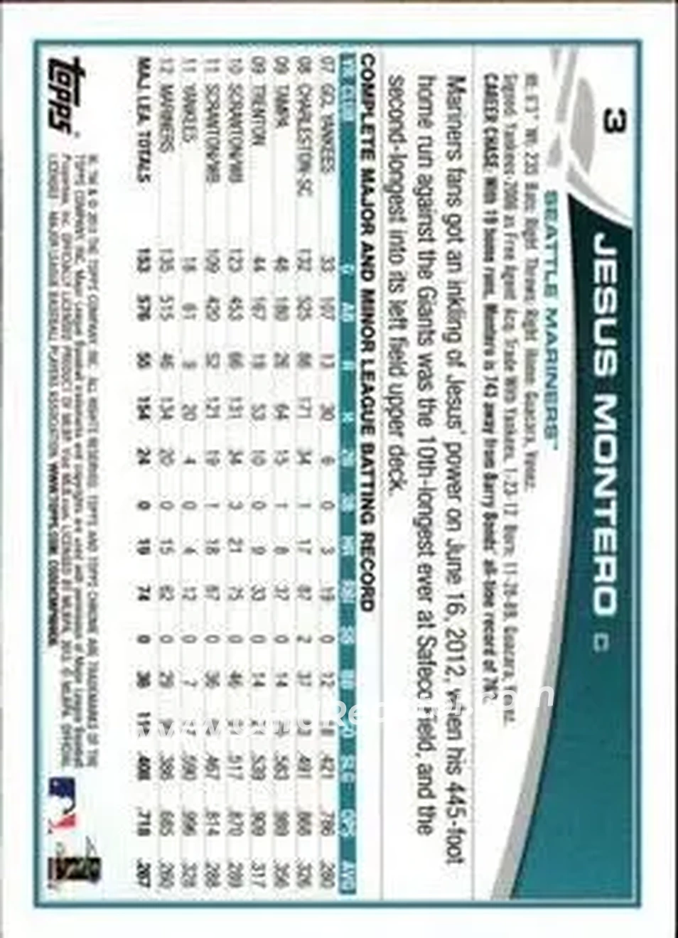 2013 Topps Chrome #3 - Jesus Montero - Seattle Mariners - Back