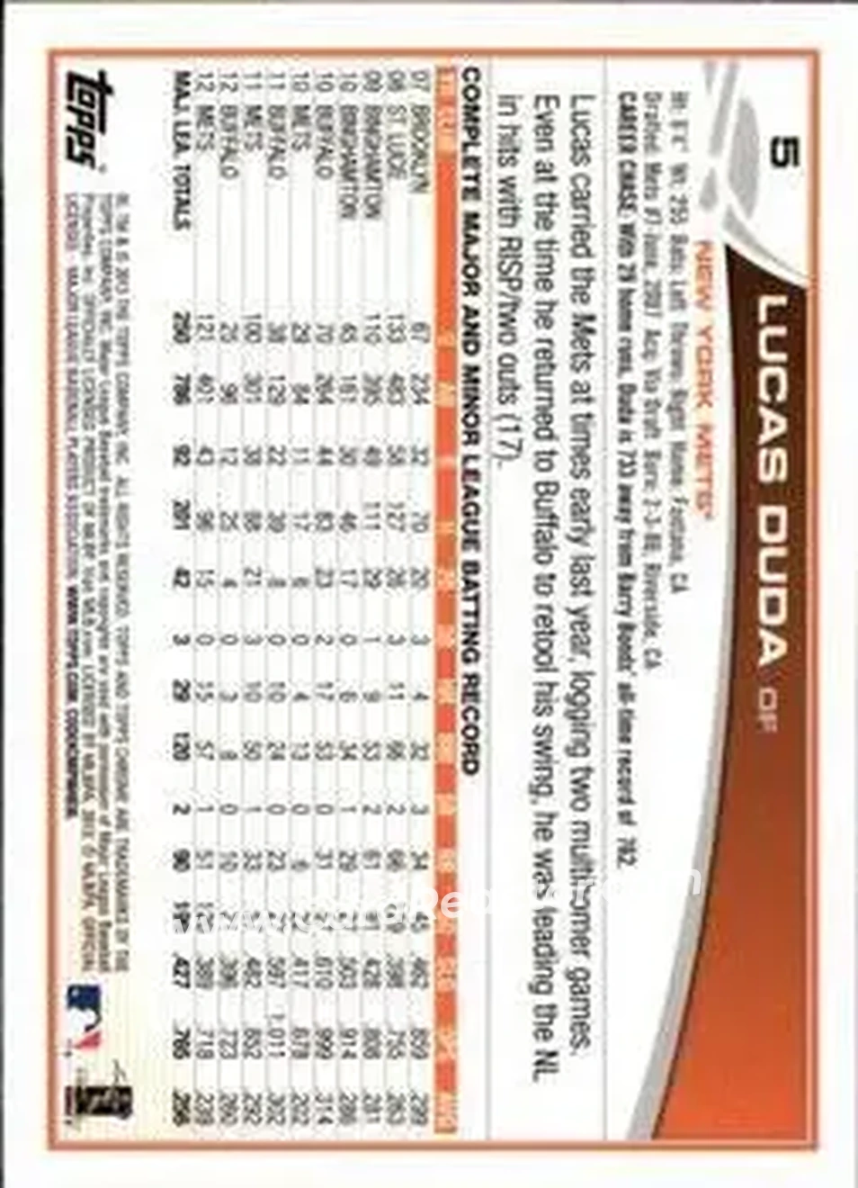 2013 Topps Chrome #5 - Lucas Duda - New York Mets - Back