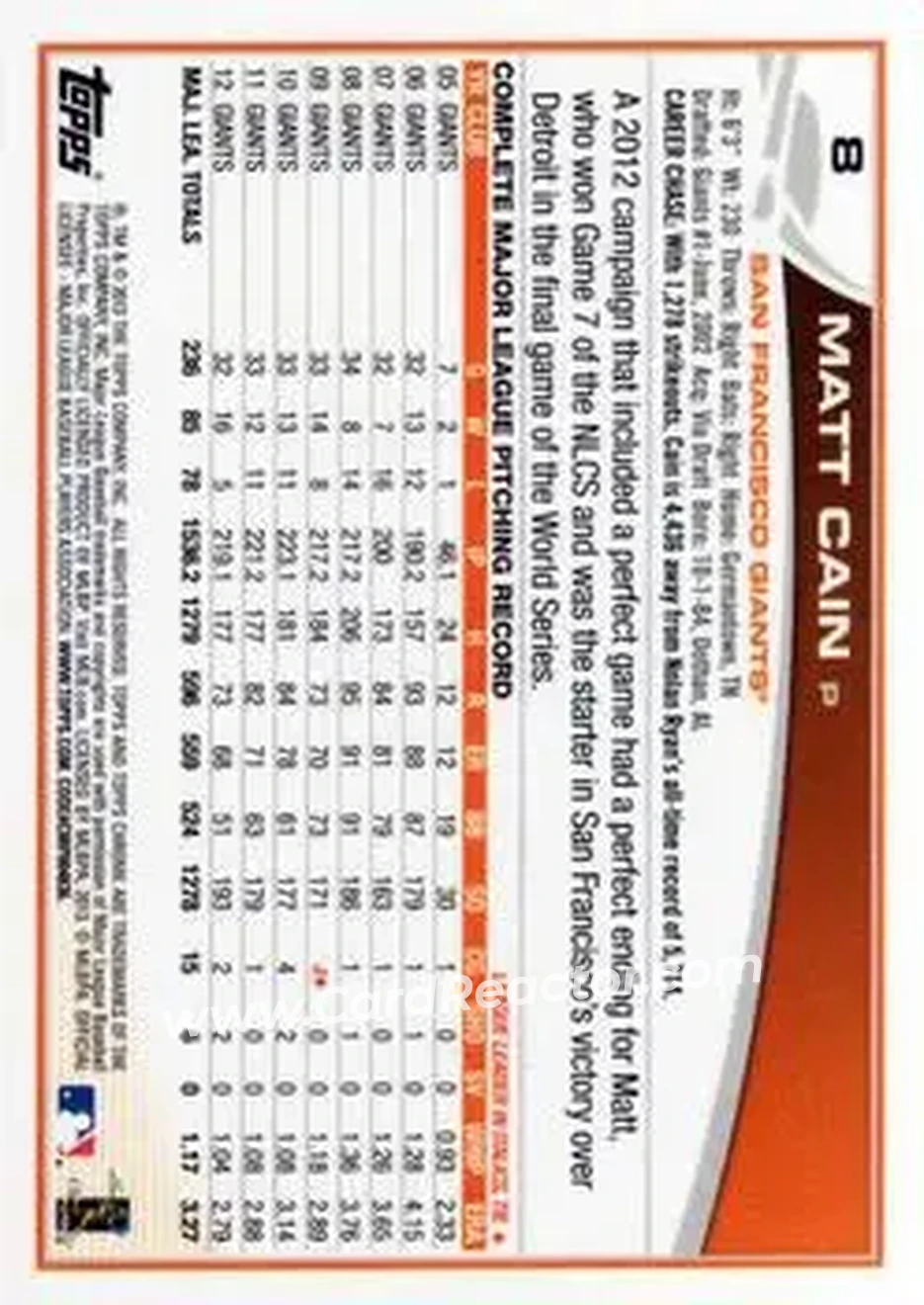 2013 Topps Chrome #8 - Matt Cain - San Francisco Giants - Back 2013 Topps Chrome #8 - Matt Cain - San Francisco Giants - Back