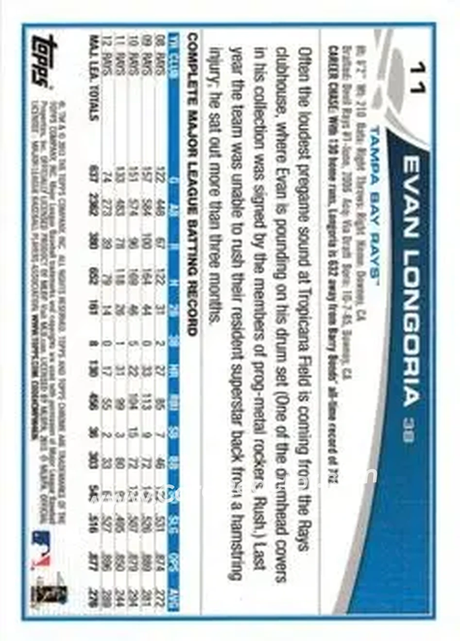 2013 Topps Chrome #11 - Evan Longoria - Tampa Bay Rays - Back 2013 Topps Chrome #11 - Evan Longoria - Tampa Bay Rays - Back