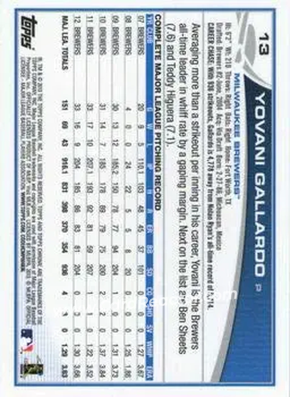 2013 Topps Chrome #13 - Yovani Gallardo - Milwaukee Brewers - Back 2013 Topps Chrome #13 - Yovani Gallardo - Milwaukee Brewers - Back