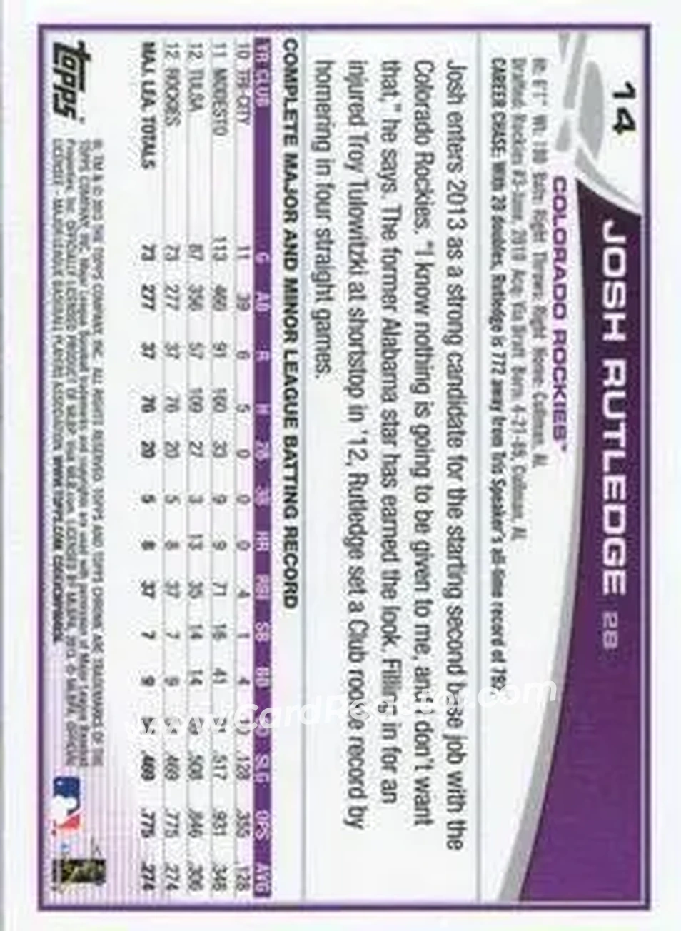 2013 Topps Chrome #14 - Josh Rutledge - Colorado Rockies - Back