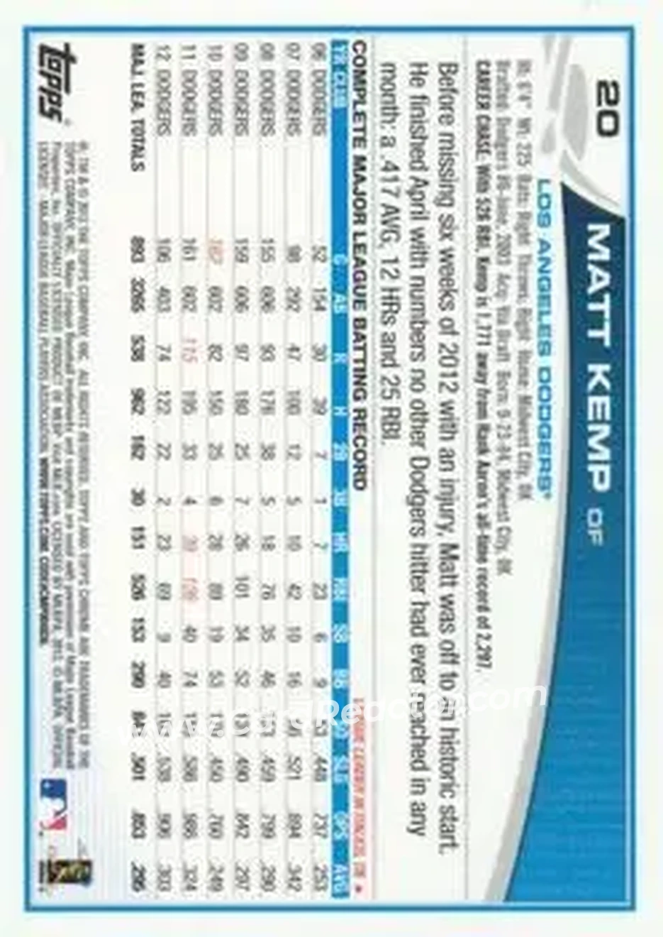 2013 Topps Chrome #20b - Matt Kemp - Los Angeles Dodgers - Back