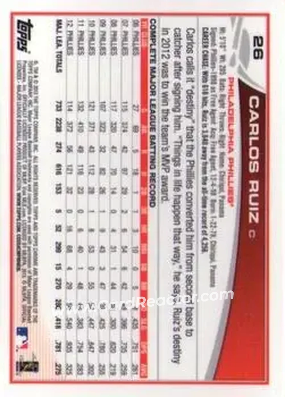 2013 Topps Chrome #26 - Carlos Ruiz - Philadelphia Phillies - Back