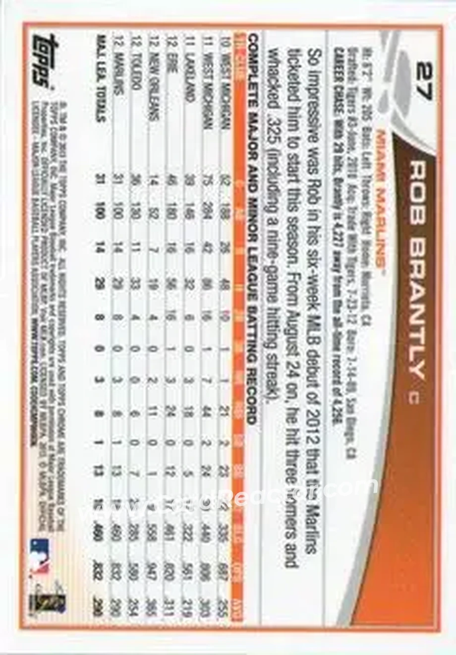 2013 Topps Chrome #27 - Rob Brantly - Miami Marlins - Back