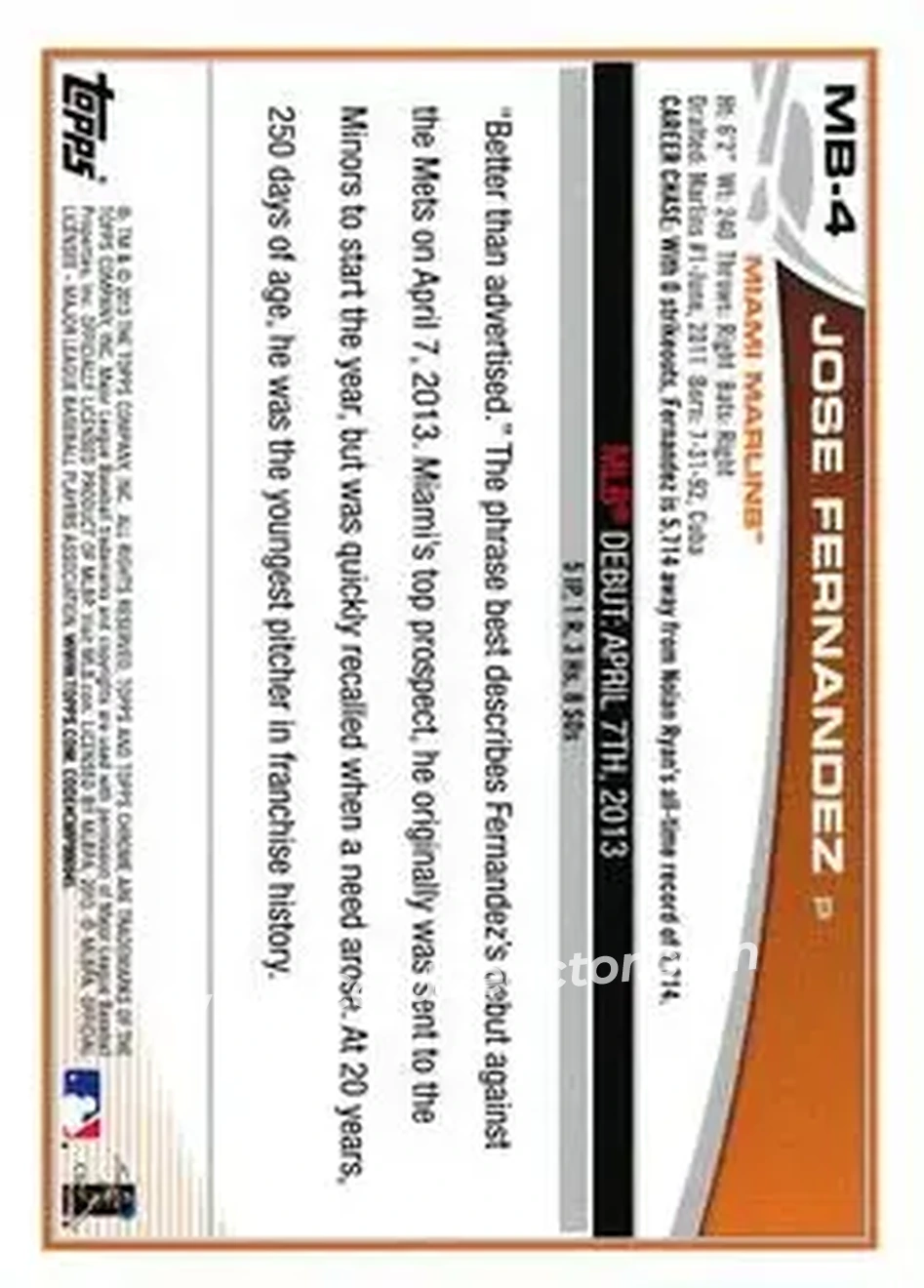 2013 Topps Chrome Update #MB-4 - Jose Fernandez - Miami Marlins - Back