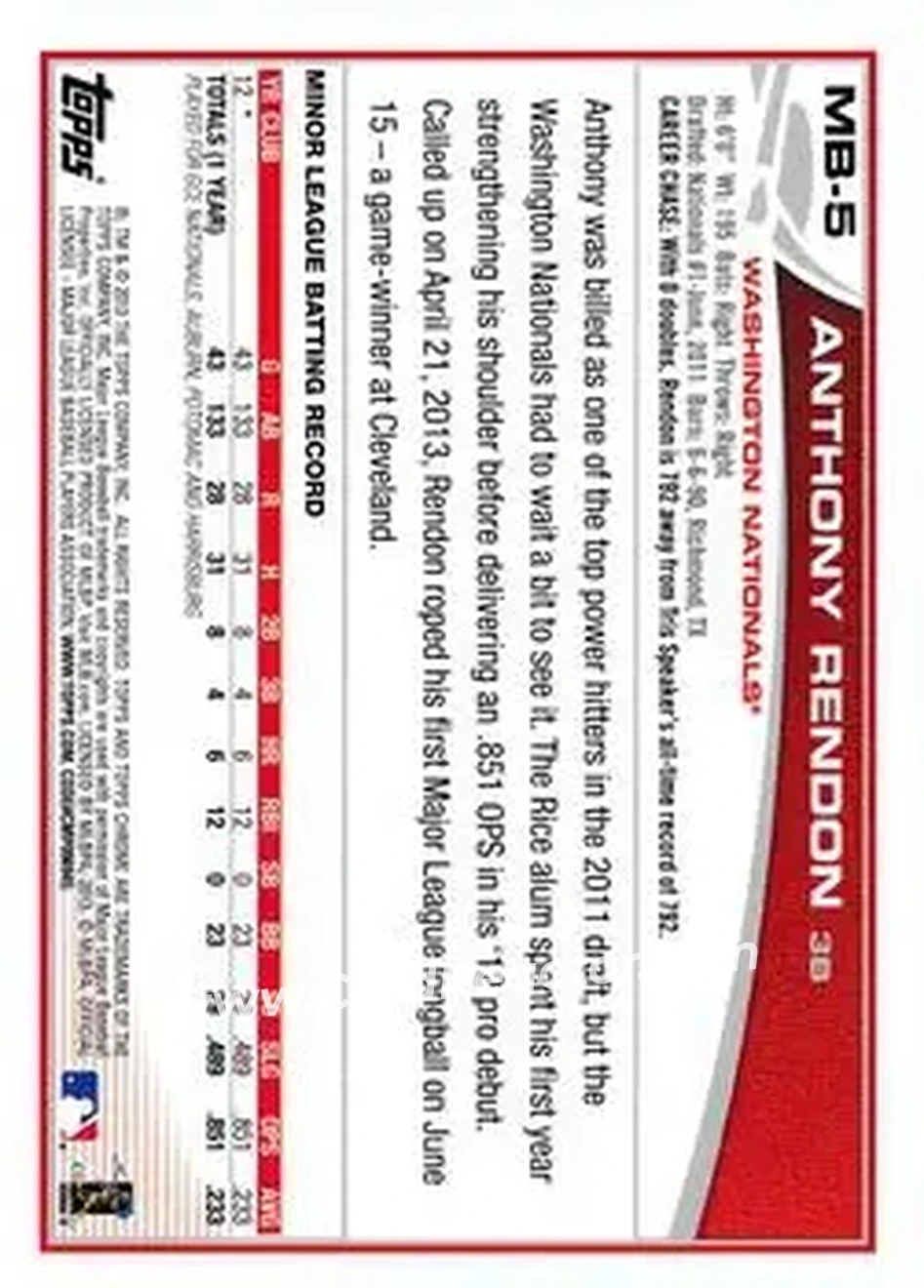 2013 Topps Chrome Update #MB-5 - Anthony Rendon - Washington Nationals - Back