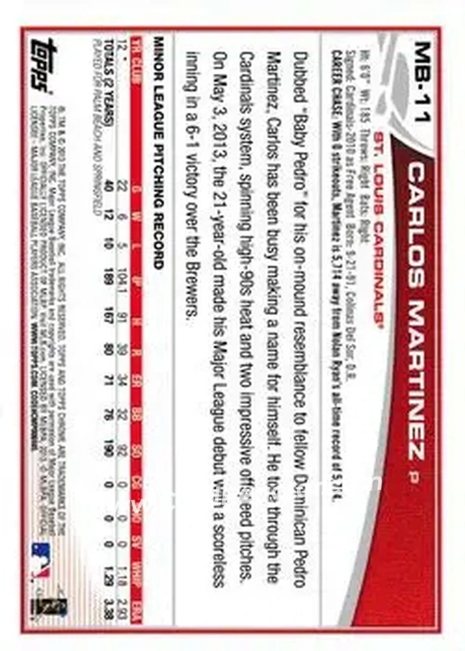 2013 Topps Chrome Update #MB-11 - Carlos Martinez - St. Louis Cardinals - Back