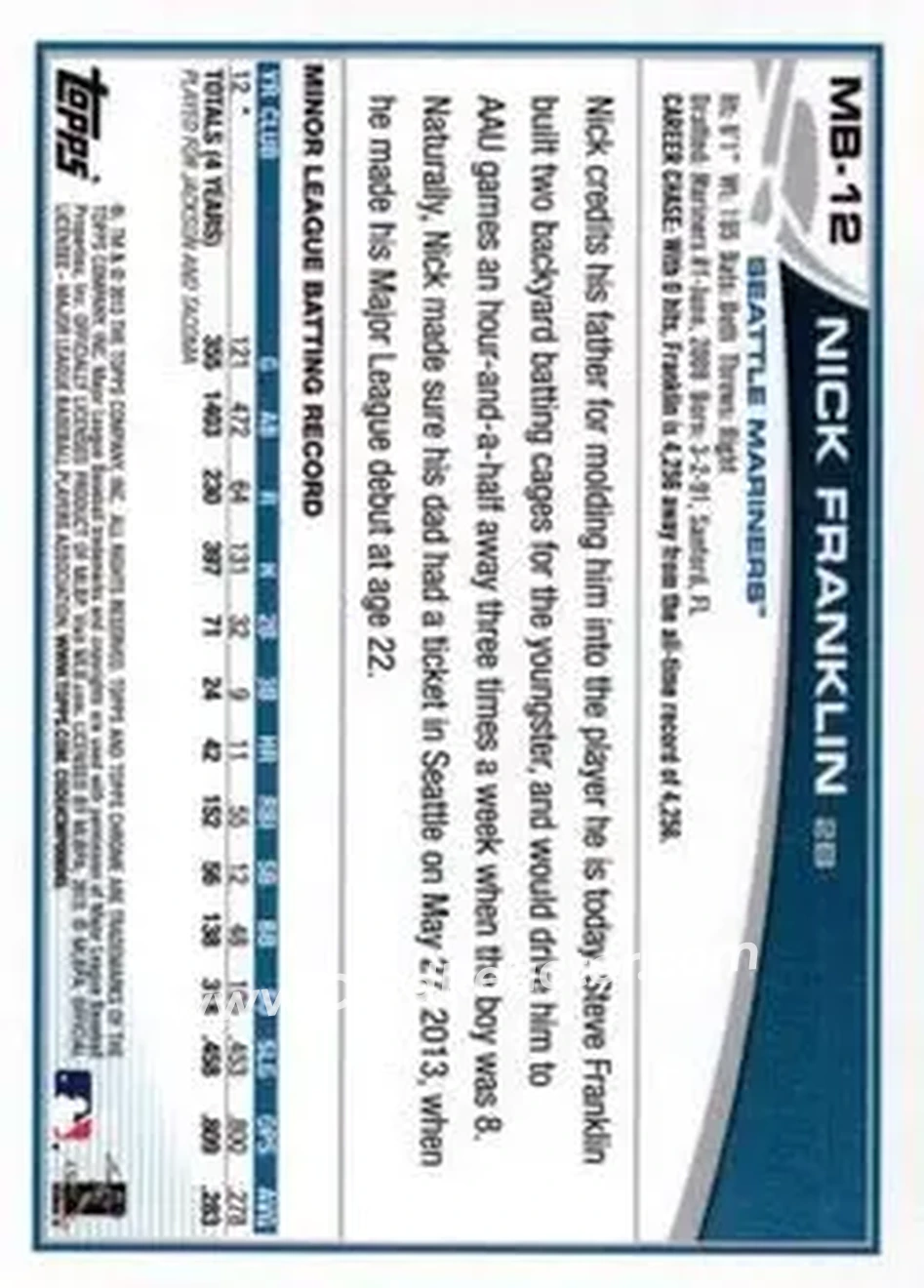 2013 Topps Chrome Update #MB-12 - Nick Franklin - Seattle Mariners - Back