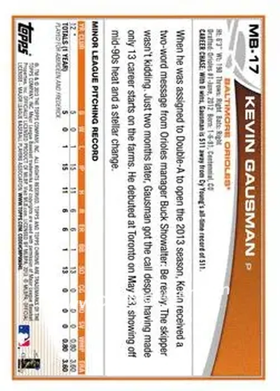 2013 Topps Chrome Update #MB-17 - Kevin Gausman - Baltimore Orioles - Back