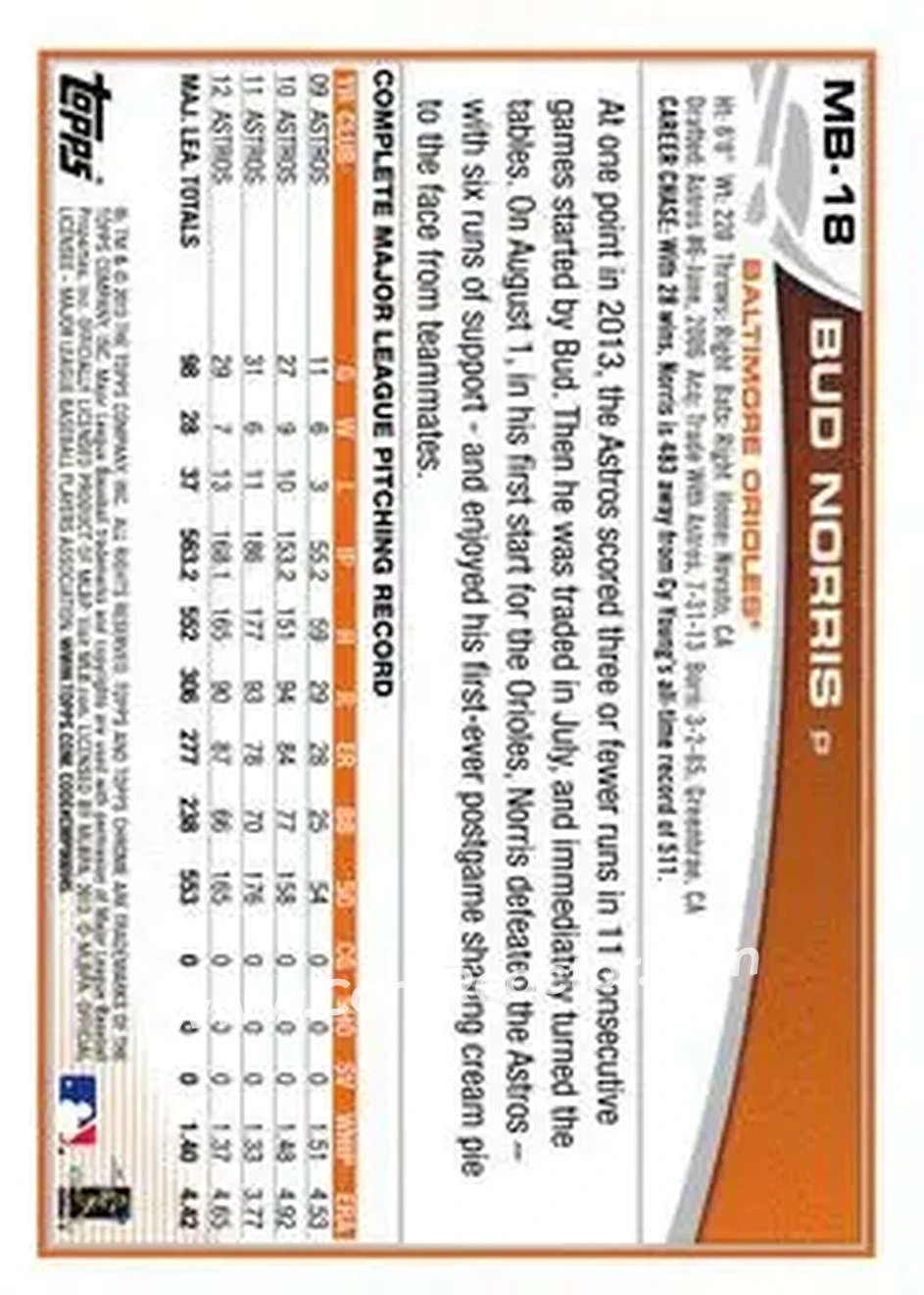 2013 Topps Chrome Update #MB-18 - Bud Norris - Baltimore Orioles - Back