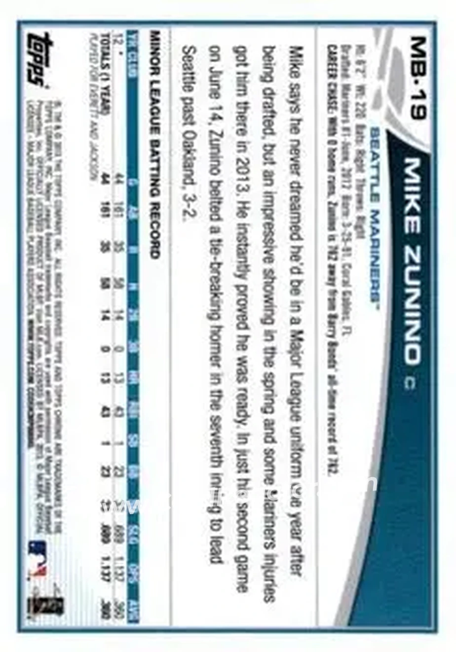 2013 Topps Chrome Update #MB-19 - Mike Zunino - Seattle Mariners - Back
