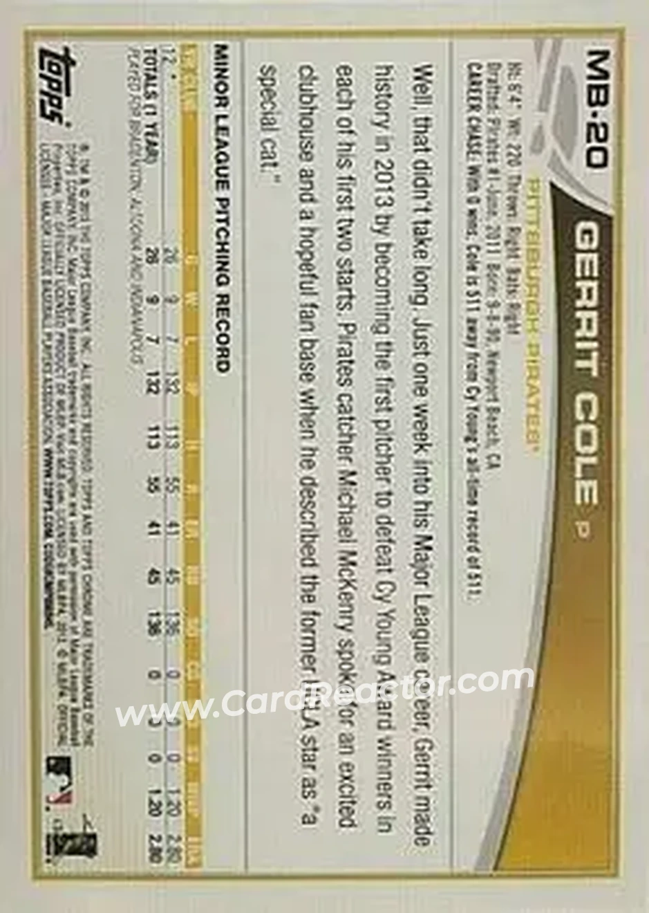 2013 Topps Chrome Update #MB-20 - Gerrit Cole - Pittsburgh Pirates - Back