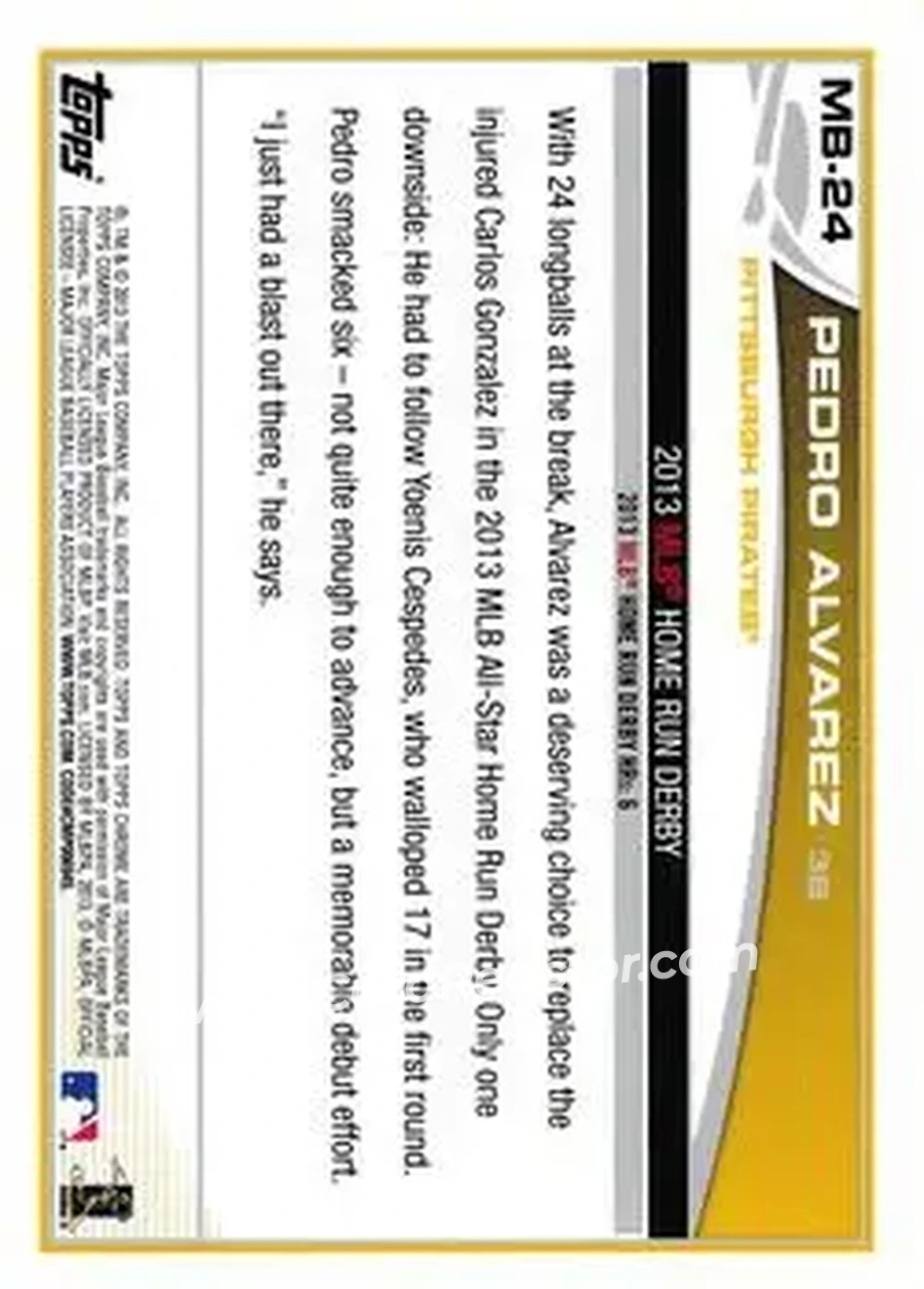 2013 Topps Chrome Update #MB-24 - Pedro Alvarez - Pittsburgh Pirates - Back