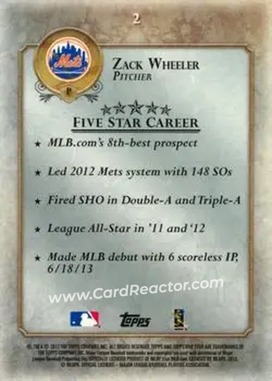 2013 Topps Five Star #2 - Zack Wheeler - New York Mets - Back 2013 Topps Five Star #2 - Zack Wheeler - New York Mets - Back