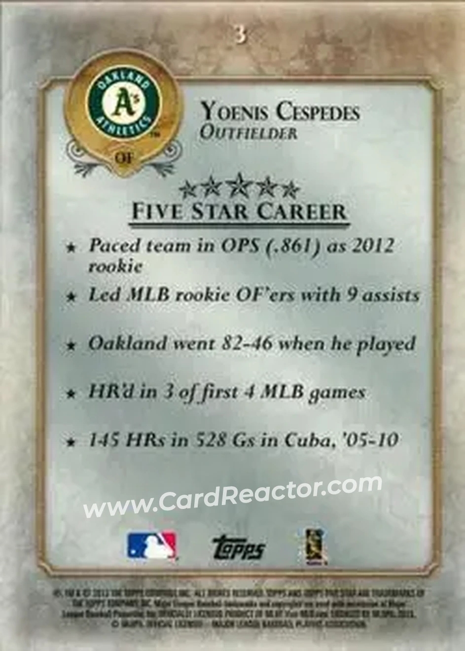 2013 Topps Five Star #3 - Yoenis Cespedes - Oakland Athletics - Back 2013 Topps Five Star #3 - Yoenis Cespedes - Oakland Athletics - Back