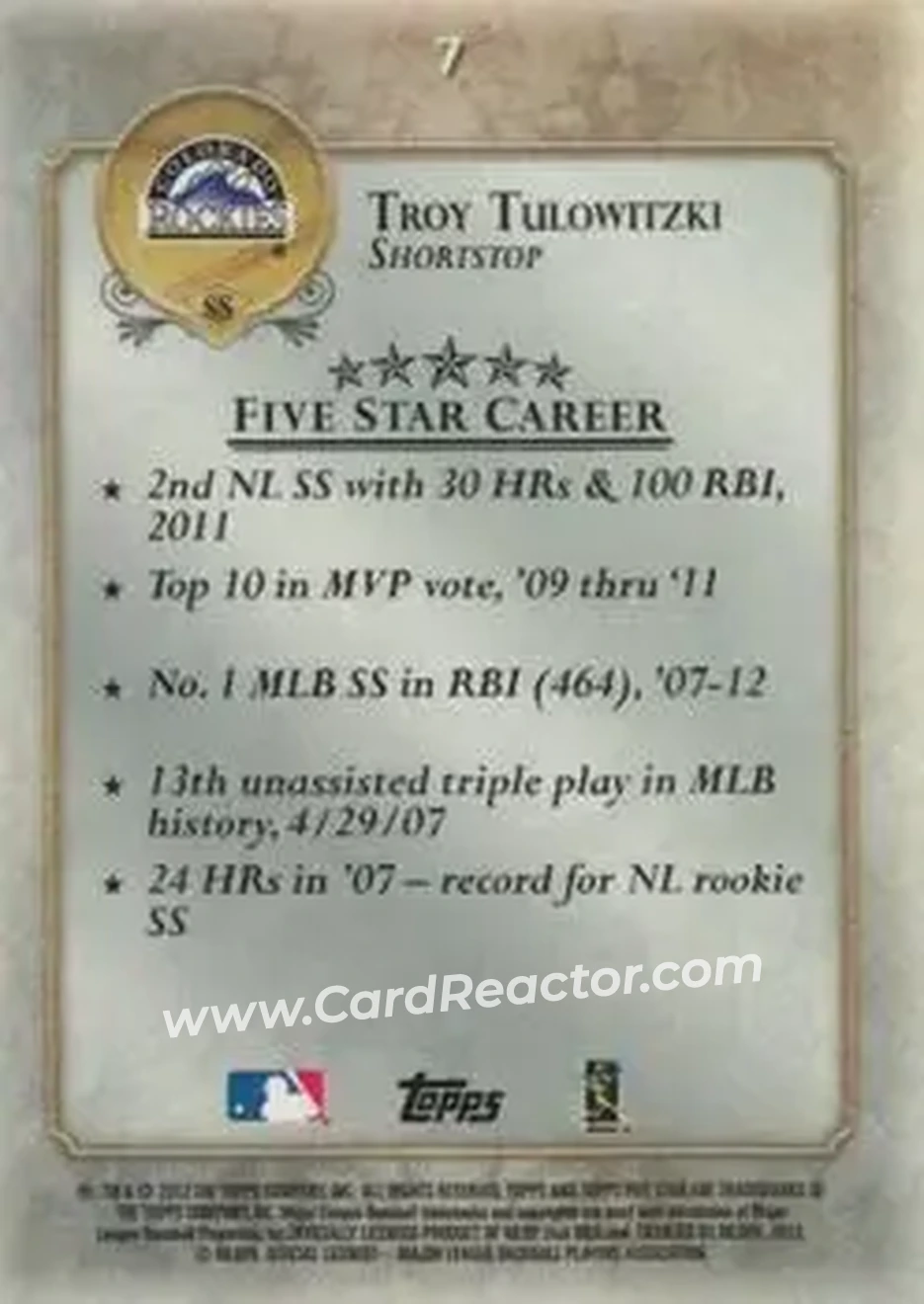 2013 Topps Five Star #7 - Troy Tulowitzki - Colorado Rockies - Back 2013 Topps Five Star #7 - Troy Tulowitzki - Colorado Rockies - Back