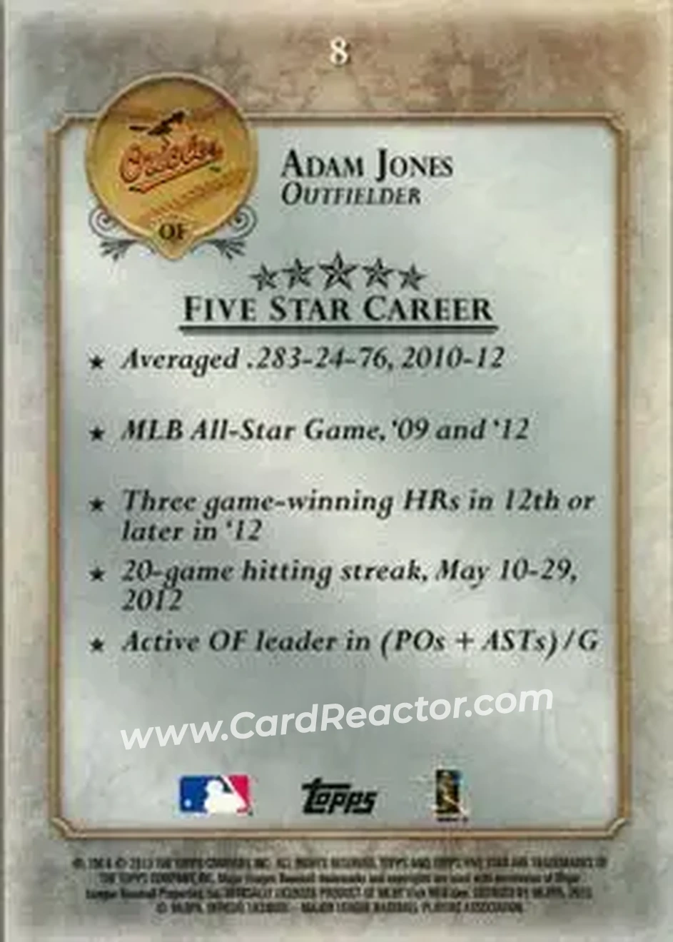 2013 Topps Five Star #8 - Adam Jones - Baltimore Orioles - Back