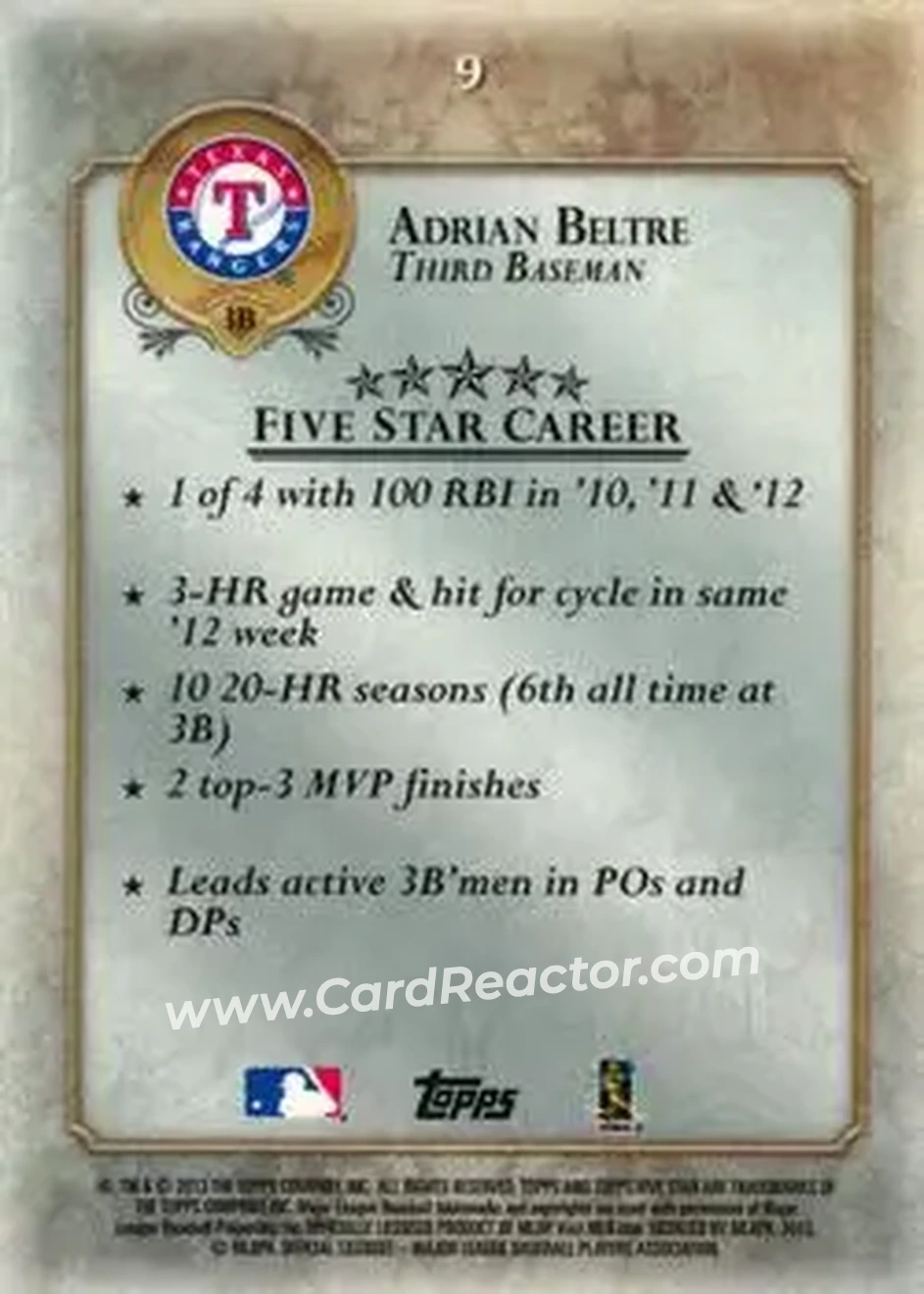 2013 Topps Five Star #9 - Adrian Beltré - Texas Rangers - Back