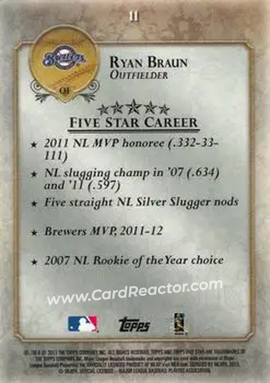 2013 Topps Five Star #11 - Ryan Braun - Milwaukee Brewers - Back