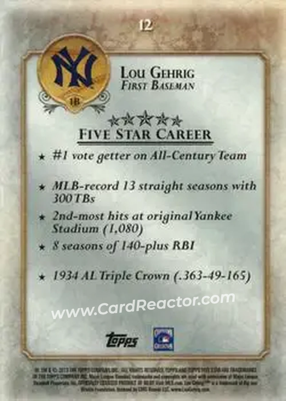 2013 Topps Five Star #12 - Lou Gehrig - New York Yankees - Back 2013 Topps Five Star #12 - Lou Gehrig - New York Yankees - Back