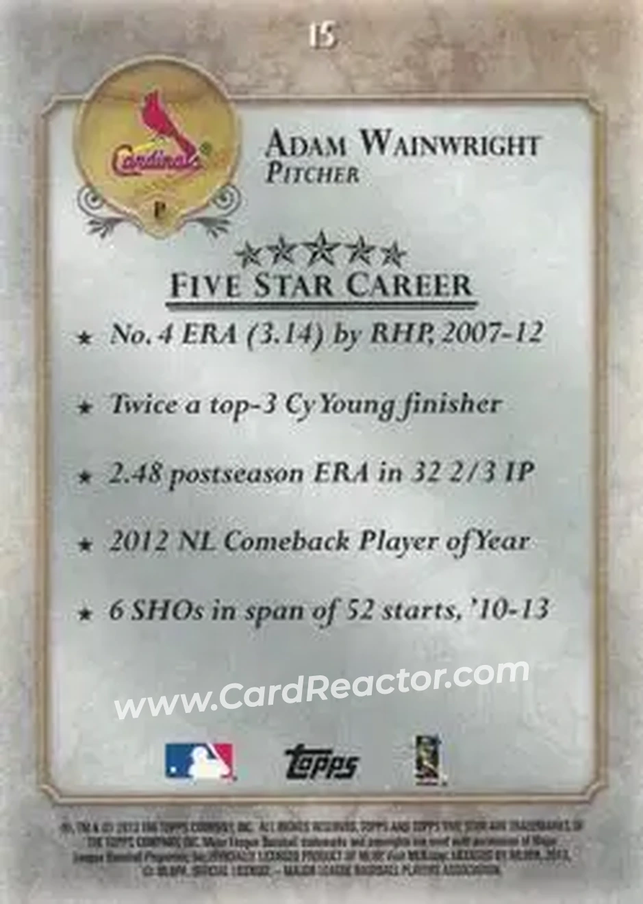 2013 Topps Five Star #15 - Adam Wainwright - St. Louis Cardinals - Back