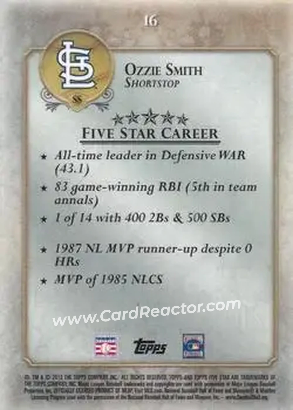 2013 Topps Five Star #16 - Ozzie Smith - St. Louis Cardinals - Back 2013 Topps Five Star #16 - Ozzie Smith - St. Louis Cardinals - Back